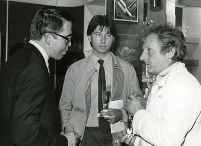 1984 David Queensberry (right) at an RCA event with Martin Hunt (centre) - the two formed Queensberry Hunt ceramics