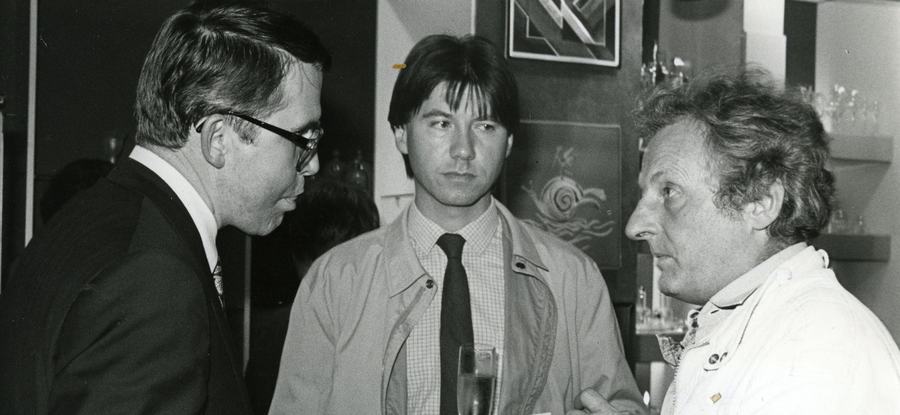 1984 David Queensberry (right) at an RCA event with Martin Hunt (centre) - the two formed Queensberry Hunt ceramics