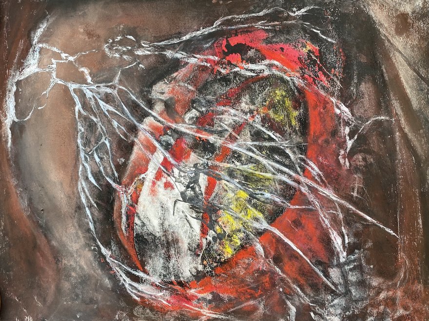Abstract Artwork with a brown background, a red ring with yellow inside, and white web-like lines across the canvas