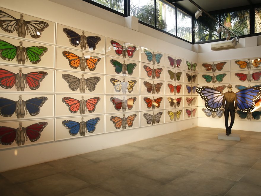 An art gallery installation featuring many large, framed butterfly specimens mounted on a white wall, and a life-size mannequin wearing large, blue butterfly wings.