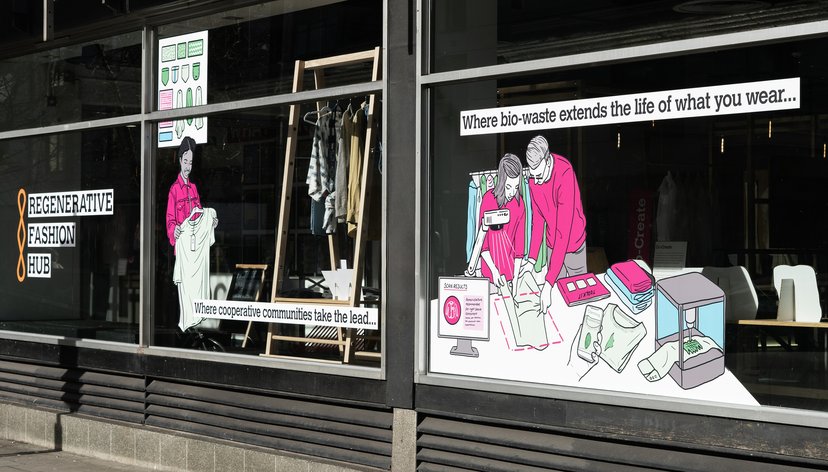 Regenerative Fashion Hub exhibition at Rich Mix, London, 2024. Photo credit: Chris Lee