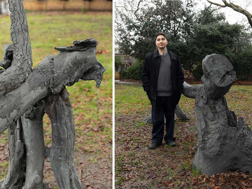 Two images side by side portray a close up shot of the texture of the Apparition sculpture by Samuel Domínguez and another shot of the artist stood by the sculpture