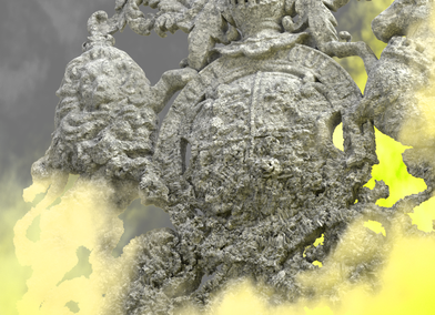 The brand identity for the School of Architecture Graduate Show, with detail of a 3D render of the RCA logo in rough hewn stone, surrounded by yellow mist.