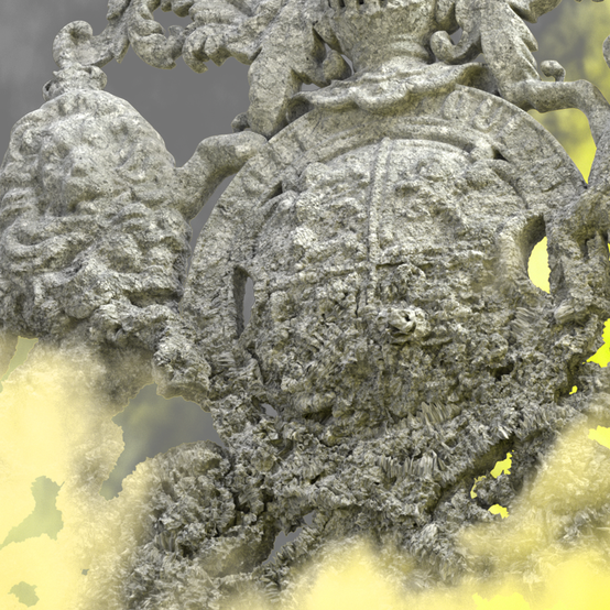 The brand identity for the School of Architecture Graduate Show, with detail of a 3D render of the RCA logo in rough hewn stone, surrounded by yellow mist.
