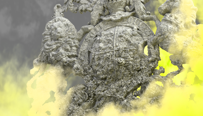The brand identity for the School of Architecture Graduate Show, with detail of a 3D render of the RCA logo in rough hewn stone, surrounded by yellow mist.