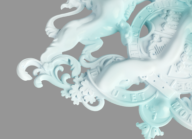 The brand identity for the Festival of Communication, featuring detail of a 3D render of the RCA logo in a pale turquoise inflatable material, with elements swollen and bubbling like a balloon.