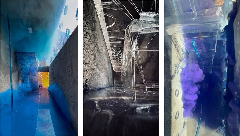 Three panels depicting an immersive art installation, likely a light and sound experience within a unique architectural space, possibly a former quarry or industrial setting transformed into an exhibition venue.