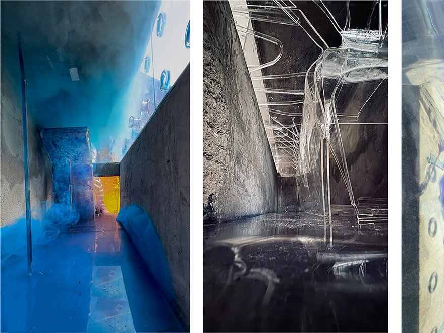 Three panels depicting an immersive art installation, likely a light and sound experience within a unique architectural space, possibly a former quarry or industrial setting transformed into an exhibition venue.
