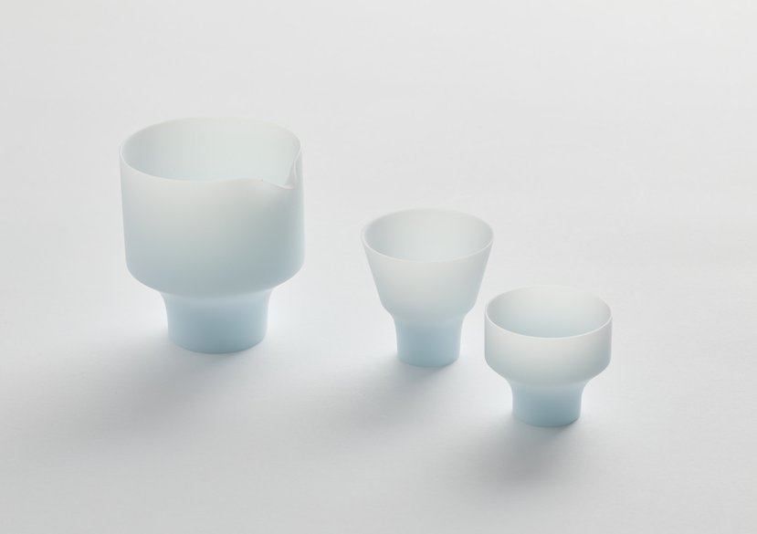 Sake Set in Cloud Opal for Tg Transitions in Kiln-Glass Exhibition. Bullseye Award 2023