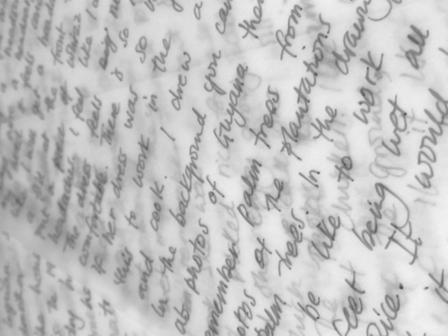 Artwork consisting of handwritten words on layered over each other against a white grey background
