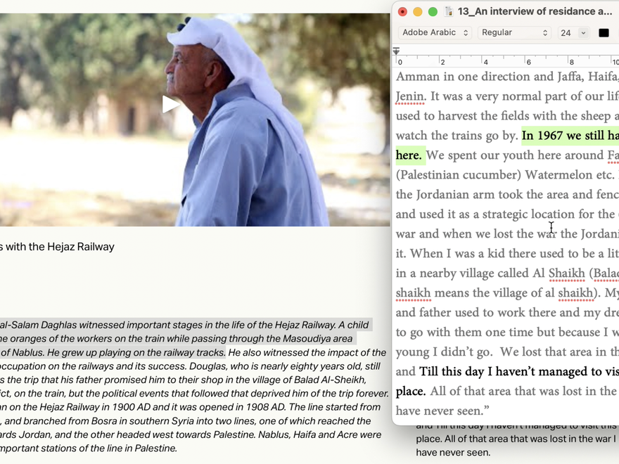 A screenshot that includes a portrait oof an older man in profile and transcript of an interview