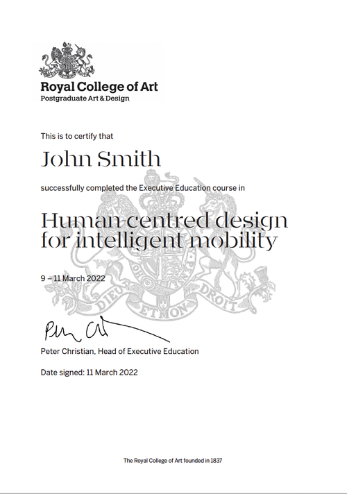 RCA Executive Education example certificate