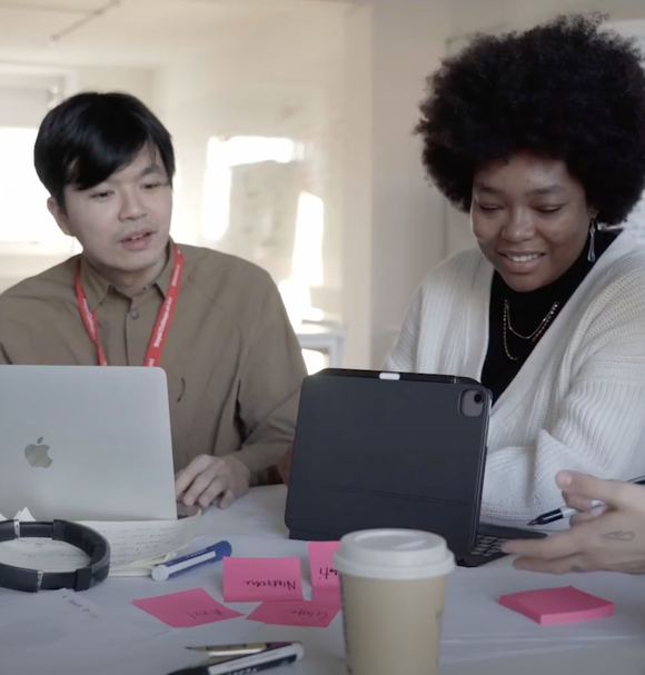 Screenshot of four students from the MA Service Design film