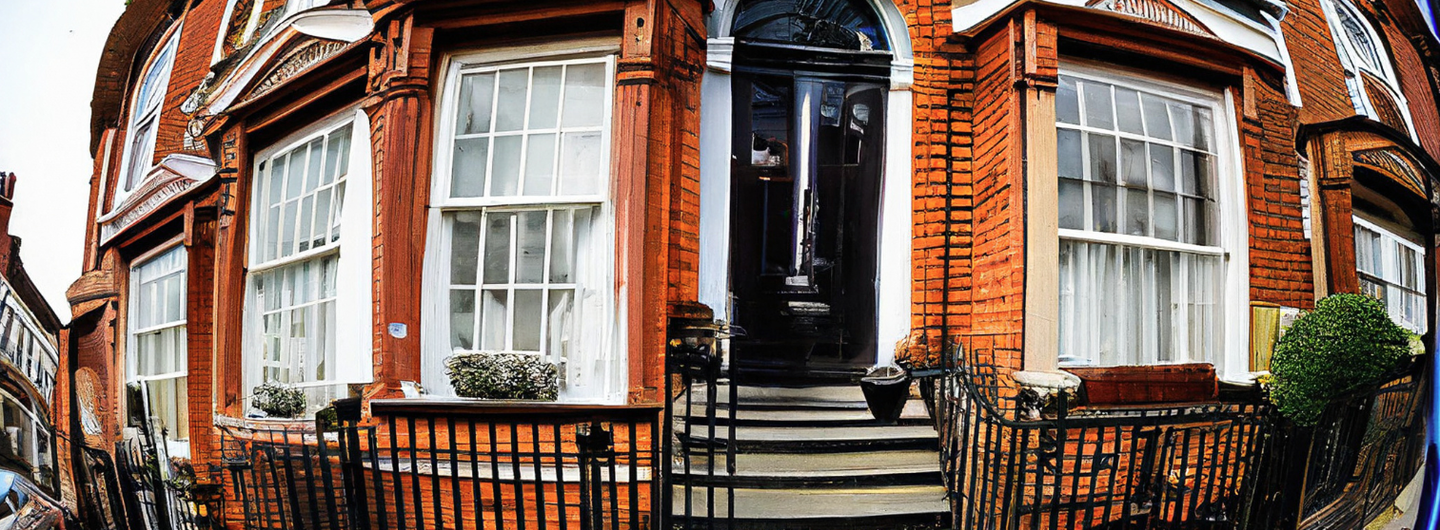 Fish eye street view of a London Victorian house through a camera lens