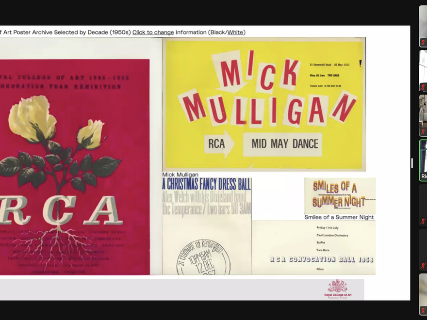 Sure! Here's an ALT tag for the image: **"A Zoom meeting screenshot showing a presentation on Royal College of Art (RCA) poster archives from the 1950s. The main presentation slide displays vintage RCA posters, including a red poster with a yellow rose