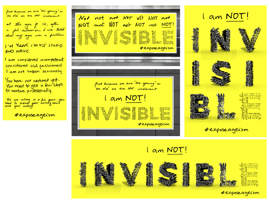 Yellow and Black Typography project work by Melanie Dikaiou, text is variations of "I am not invisible" and statements against ageism