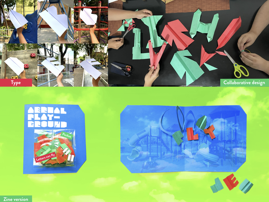 Creative typography project, a collage of images and photos of cardboard cutout letters tat resemble paper planes. Letters shown against street scenes and playgrounds.