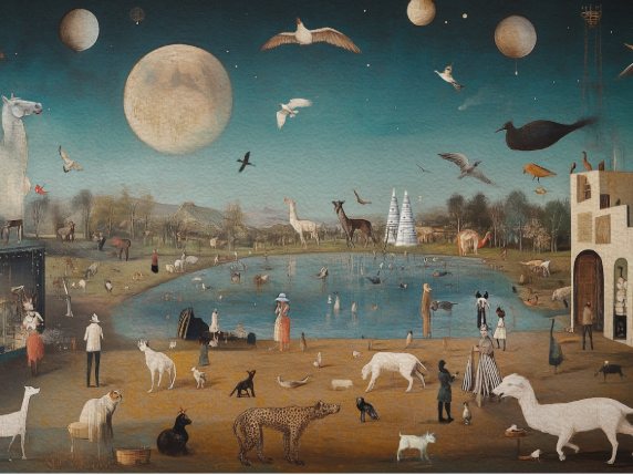 A surreal painting depicting a fantastical landscape with many people and animals, a large central moon, several floating spheres, and unusual architecture surrounding a pond.