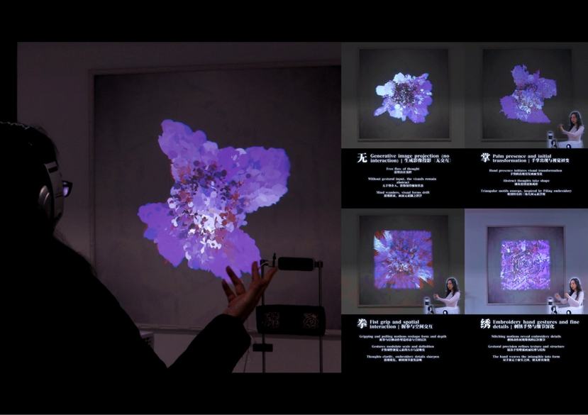 A gesture-responsive installation from the Generative Unravelling series, translating embroidery-inspired hand movements into evolving imagery projected onto digitally printed textile, with ambient sound.