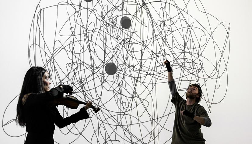 'Drawing Lines' at the RCA's Snap Visualisation Lab, a previous research project by Dr Ali Mohammed and Dr Freddie Hong (both currently working on the 'Sounding Bodies' project). Photo: Vivaan Thongram