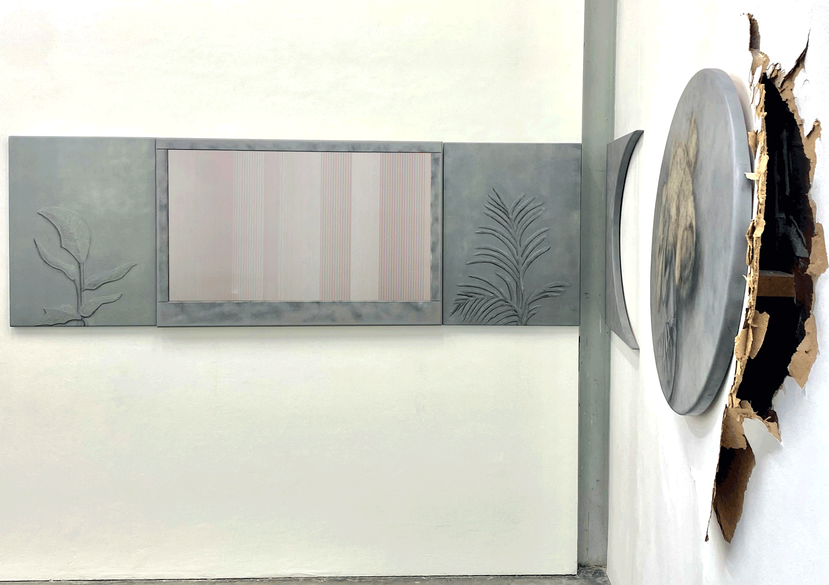 Left to right: "Survivor", 60 x 80cm; "HDMI2024", 120 x 80cm;  "Finger Palm Trees", 60 x 80cm; Side view of "Don't Get Square Eyes" acrylic on wood, UV print on mirror.