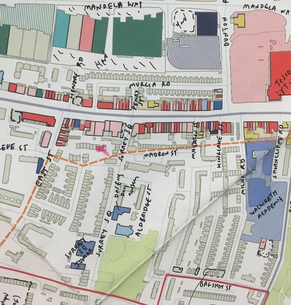 Drawing by Mark Brearley mapping the complex existing industry of Old Kent Road