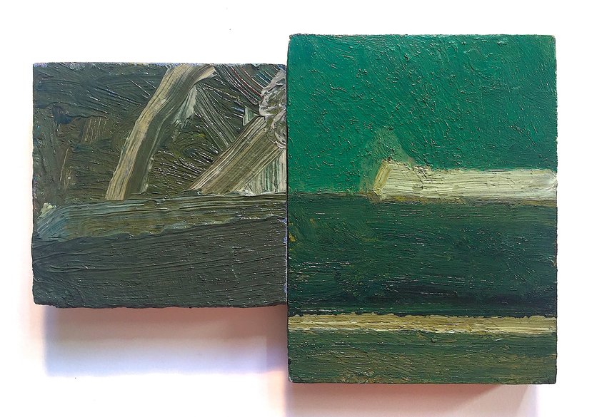 The Train, left panel oil on poplar and right panel oil on oak