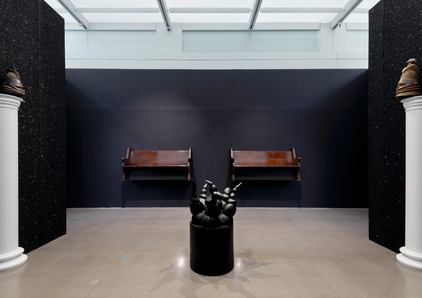 They tried to bury us, they didn’t know we were seeds, two antique cherrywood pews & The Rooting Place, mixed media sculpture