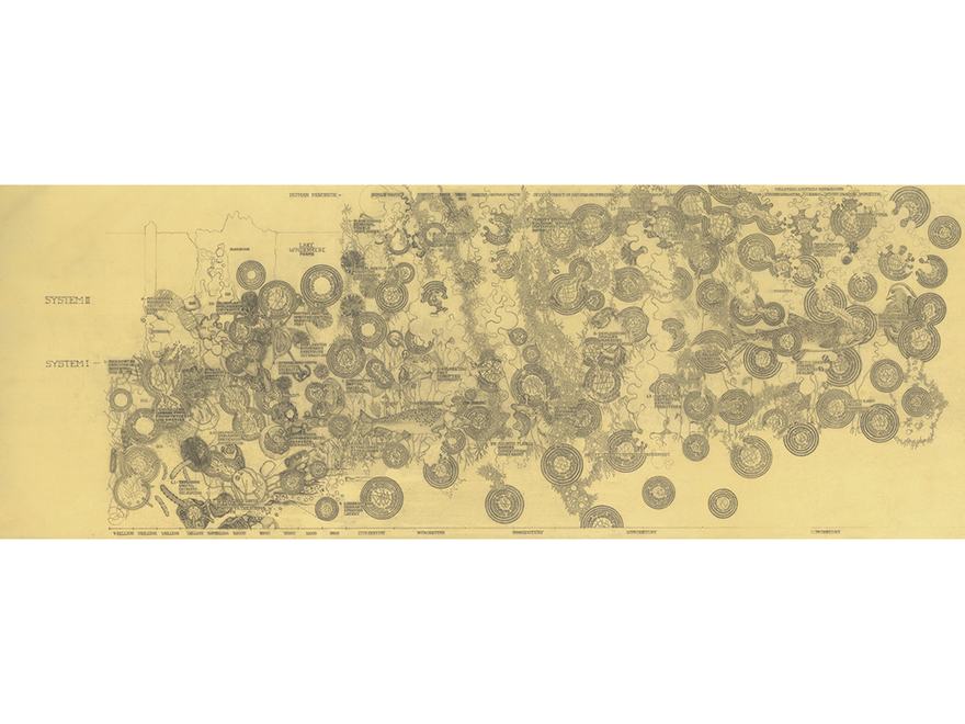 An intricate, sepia-toned architectural illustration featuring complex circular systems, layered diagrams, and fine technical hand-drawings across a panoramic landscape.