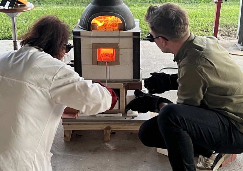 Using the muffle furnace for enamelling tests. Fire Arts workshop, Texas A&M, 2023