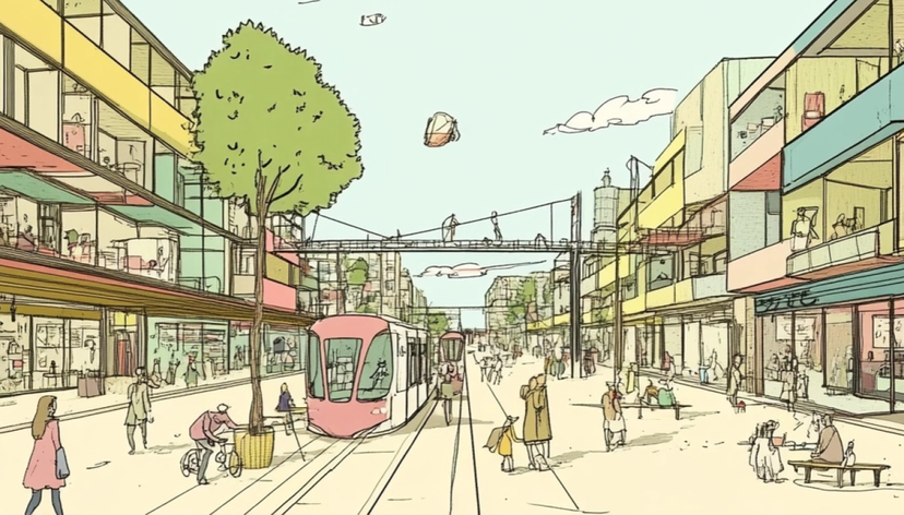 Photo: London street with active travel and modern futuristic shared public transport
