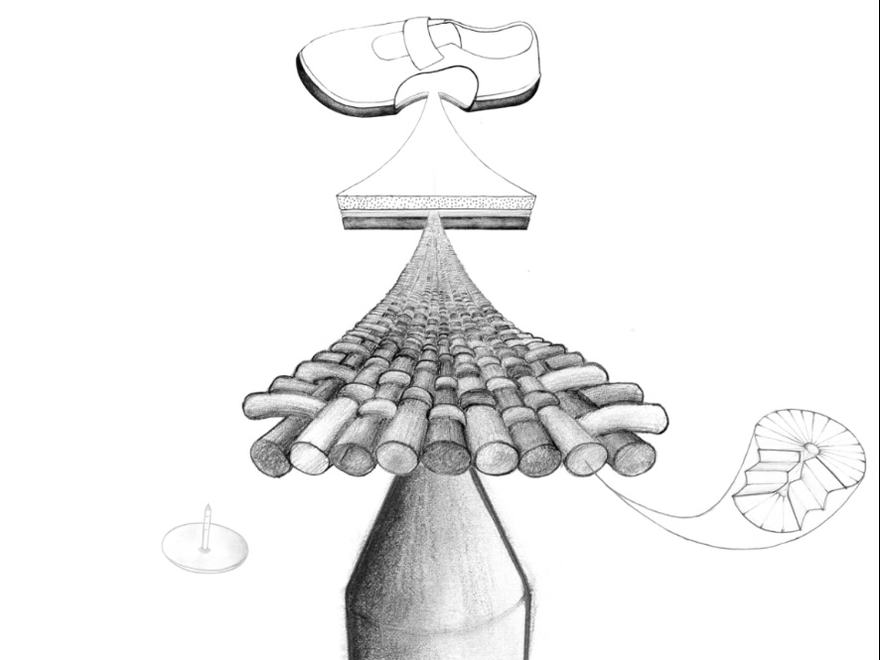A rawing depicting an abstract, vertical composition of geometric and organic forms, including a Mary Jane-style shoe at the top, a series of interlocking cylindrical shapes resembling woven fibres, and a central pillar.