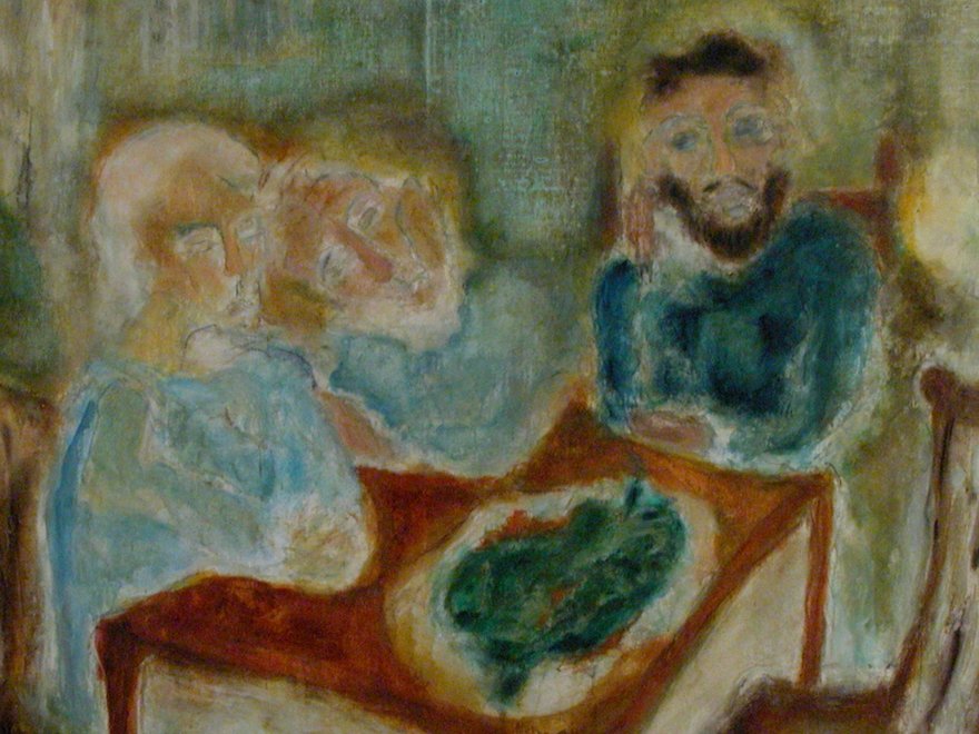 a painting of two figures at a table