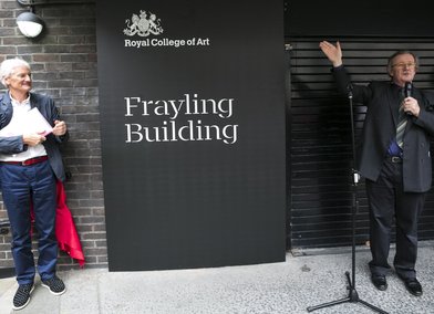 Former Rector of the RCA Sir Christopher Frayling with Sir James Dyson at the Unveiling of the Frayling Building, 2014