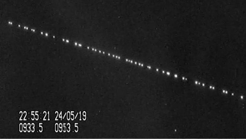 Starlink satellite train, Leiden, 24 May 2019. Video still by Marco Langbroek