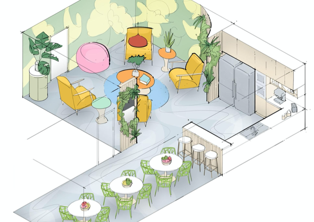 Proposition for a new kitchen space with bright colours and materials providing a joyful and relaxed ambiance