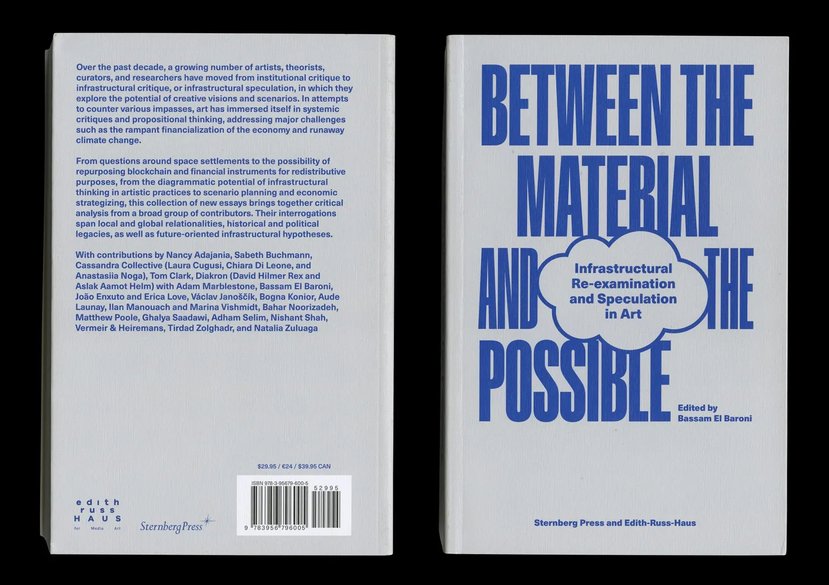 Cover of the book Between the Material and The Possible, edited by Bassam El Baroni, published by Sternberg Press, and designed by An Endless Supply, 2022