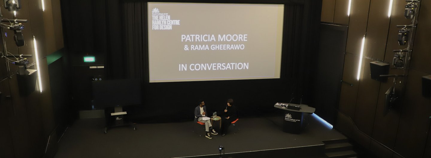 Patricia Moore and Rama Gheerawo on stage in the RCA's Gorvy Lecture Theatre