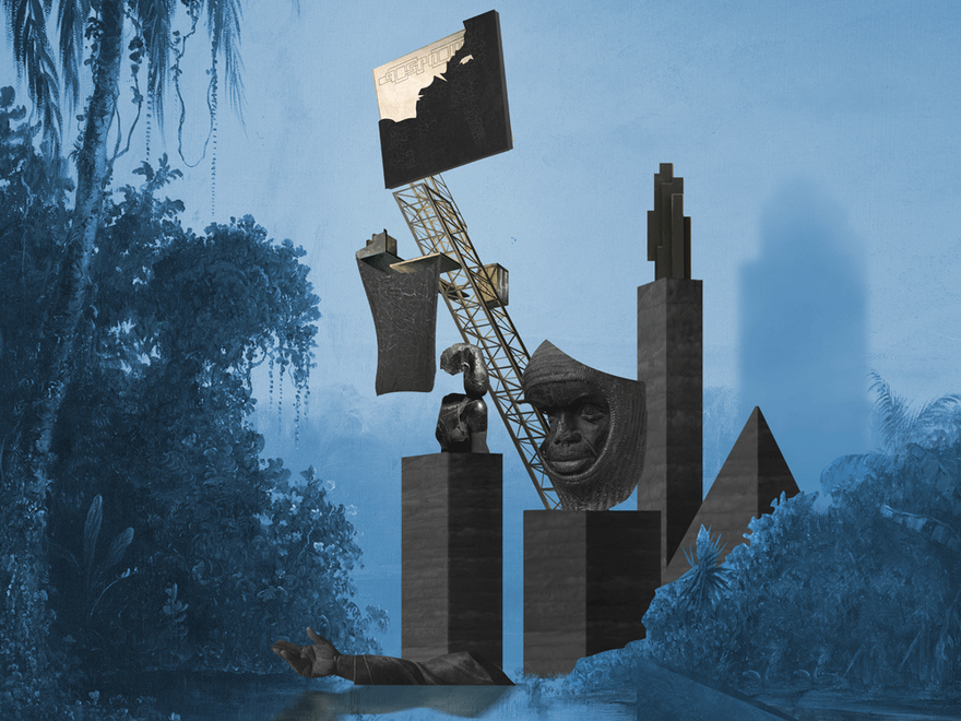 A surreal digital collage depicting a jungle scene with blue-toned foliage and a body of water in the foreground. In the center, dark geometric structures resembling pillars and pyramids rise, with various elements attached, including a large human face.