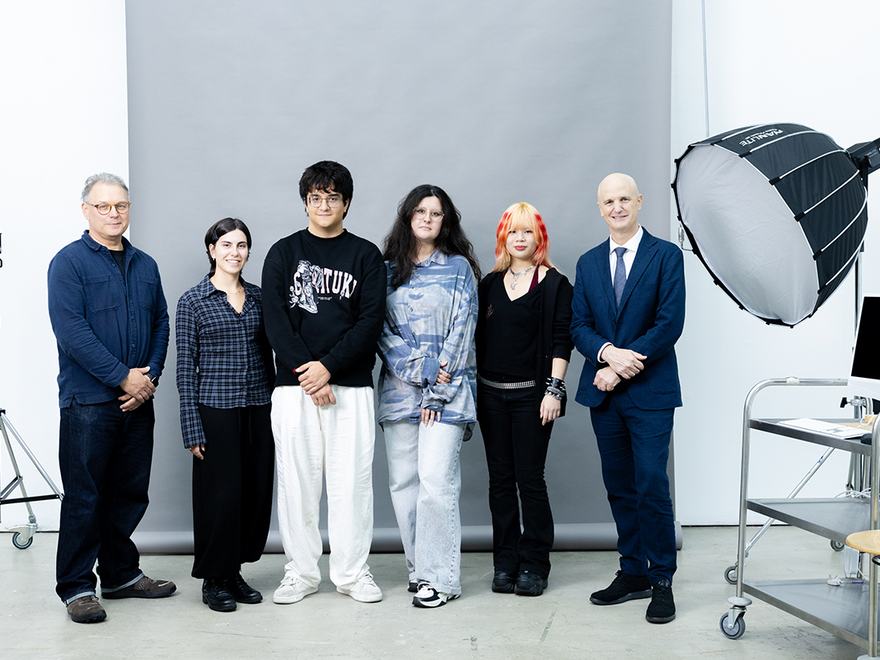 Future Stories participants photographed at the Royal College of Art Battersea campus with Professor James Coupe (left, Head of Programme, MA Photography) and Professor Christoph Lindner (right, President & Vice-Chancellor), credit RCA