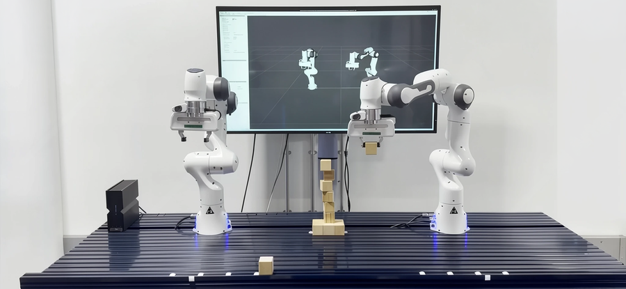 Franka Emika Panda robots performing pick-and-place operations to model component degradation scenarios