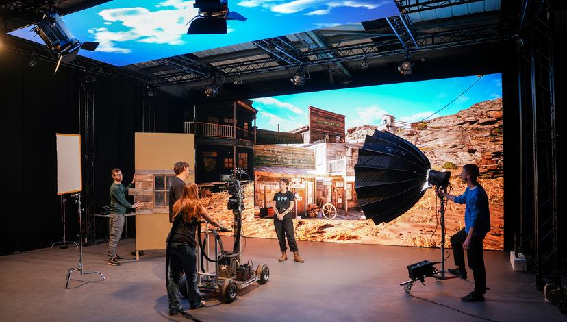 A film production crew working in the Virtual Production Studio at Norwich University of the Arts.