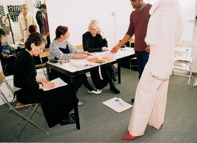 Sarah Dallas alongside Wendy Dagworthy and Betty Jackson during a Knitware crit in 2000