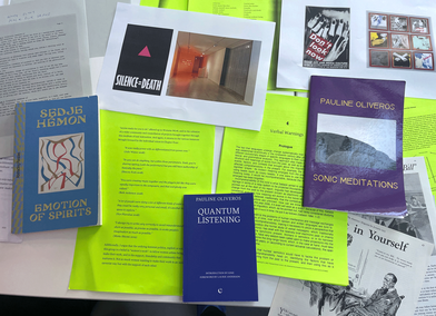 Documentation of workshop materials for ‘Break Down the Language of Breakdown: A workshop on writing instructions/scores, performing responses, and dissecting warning methods,’ photo Aura Satz, Feb 2026.